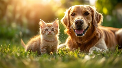Close-up of a joyful cat kitten and a dog, captured during golden hour on a summer afternoon