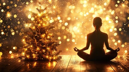 The design features a calm figure in a seated yoga pose from behind, conveying emotional release with glowing golden lights from within, in soft, serene 