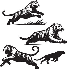 Bengal tiger silhouette, running tiger vector, tiger pose set, black and white tiger, tiger illustration, 