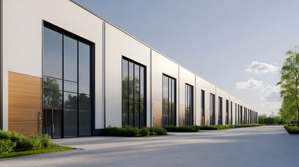 Fototapeta premium Sustainable Modern Industrial Park with Sleek Warehouses and Green Spaces