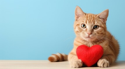 Cute Ginger Cat With Heart On Blue Background