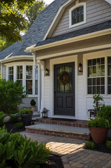 Obraz premium Charming Home Exterior with Brick Pathway and Lush Greenery. This inviting house boasts a beautiful front door and well-maintained landscaping, creating a welcoming atmosphere.