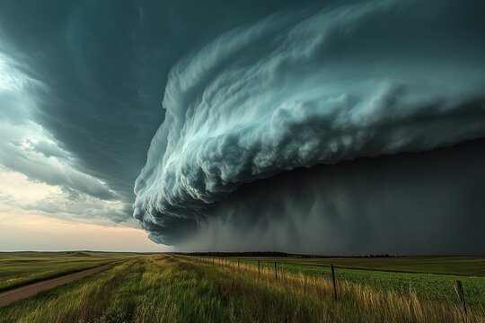  Massive supercell storm cloud rolling over an open grassland, creating a dramatic and powerful weather phenomenon, symbolizing the force of nature and extreme weather conditions.
