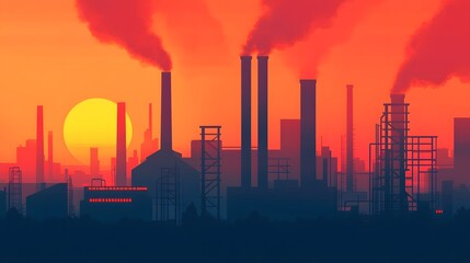 Obraz premium Glowing Industrial Park at Sunset with Silhouetted Factories and Modern Architecture