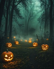 Dark green and black with glowing pumpkins and misty fog abstract Halloween concept background
