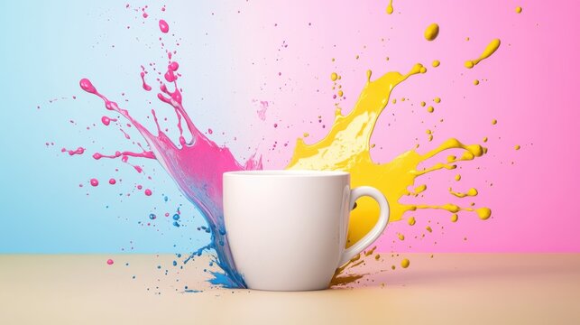 Colorful liquid splashes from a white mug set against a vibrant pink and blue background during a creative art session