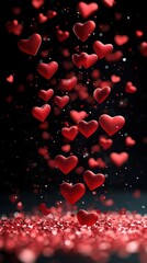 Obraz premium Red hearts cascade in a shimmering display against a dark backdrop, creating a romantic atmosphere with a touch of magic