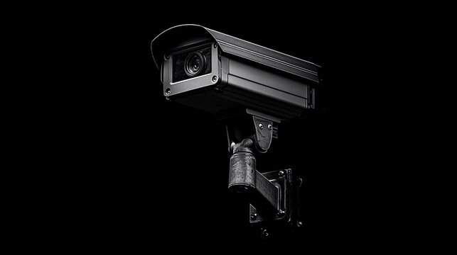 Black security camera isolated on a dark background. Modern surveillance system for safety, monitoring, and crime prevention. High-tech CCTV device for security solutions
