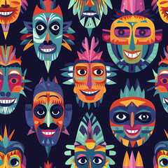 Vibrant and colorful tribal masks arranged in a repeating pattern on a dark background.