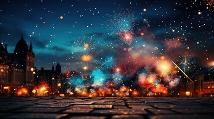 Obraz premium Spectacular Nighttime Fireworks Display Over Cityscape