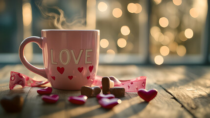 cup of coffee and red rose