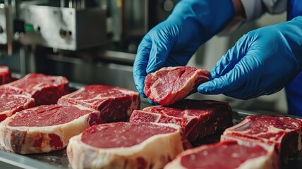 Processing fresh meat cuts in a commercial kitchen with blue gloves.