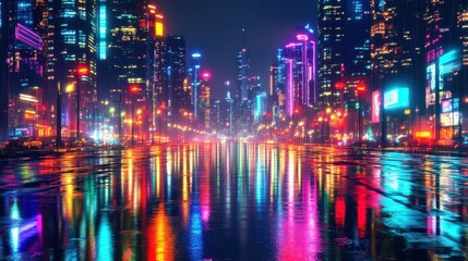 Obraz premium Neon city at night, reflecting in rain-slicked streets.