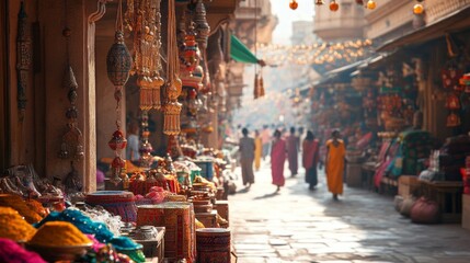 Obraz premium Bustling Jaipur market vibrant colors intricate jewelry exotic spices lively atmosphere