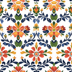 Colorful floral pattern with vibrant flowers and green leaves on a white background.