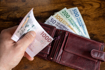 Denmark money. 1000 Danish kroner banknote taken out of a wallet. Financial business concept....