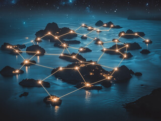 Naklejka premium Illuminated Island Network Under Starry Sky