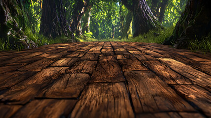Wooden path through lush green forest; fantasy game background