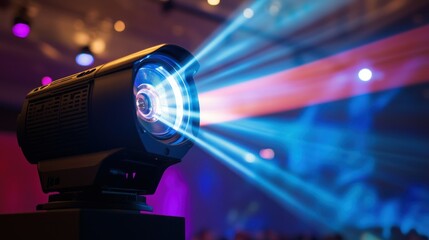 A powerful projector beam being used at a large event, projecting dynamic visuals for an audience to see.