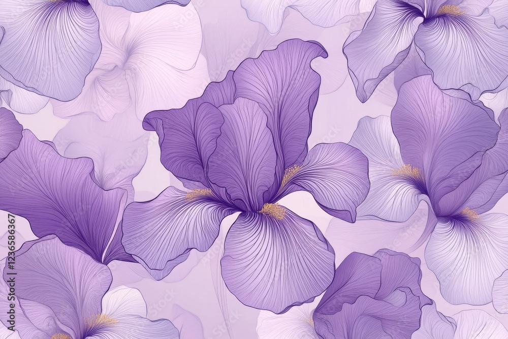 Poster colorful iris flower pattern showcasing soft purple hues in a delicate design ideal for fabric or wa