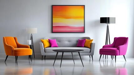 A stylish modern living room featuring furniture upholstered with acrylic fabric, vibrant patterns adding a pop of color to the minimalist decor.