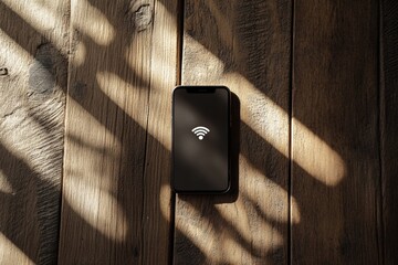 Smartphone displaying Wi Fi icon on rustic wooden surface in natural light. Generative AI
