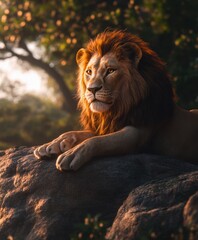 Obraz premium Majestic lion resting on a rock at sunset, bathed in golden light.