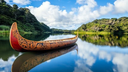 Maori ceremonial canoe on a calm river surrounded by lush greenery for Waitangi Day celebration