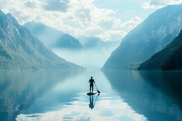 Embracing nature while paddleboarding in a tranquil lake surrounded by majestic mountains at sunrise