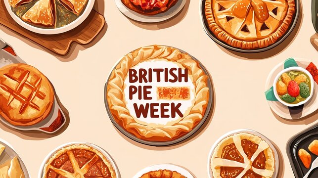 British Pie Week poster featuring colorful handmade pies and dishes on a beige background, flat lay composition - Powered by Adobe