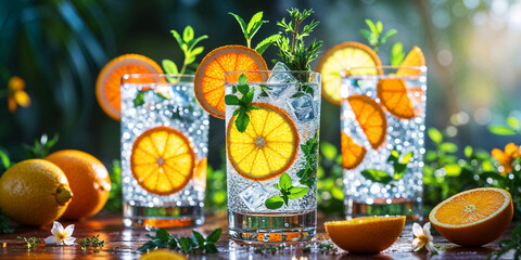 Vibrant tropical drinks with orange slices, mint, and sparkling garnish for summer fun
