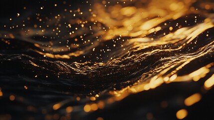 Shimmering gold waves undulate across a deep dark background, creating a sense of depth