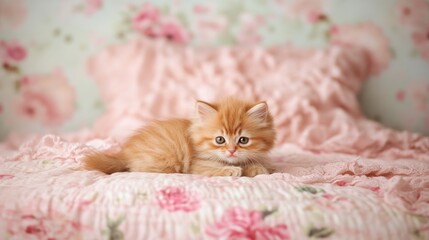 Adorable Ginger Kitten Resting on a Pink Floral Blanket