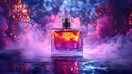 Perfume bottle on reflective surface, colorful smoke background, beauty product.