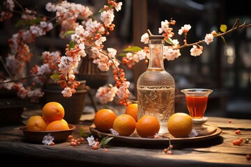 Still life Fruit, liquor, blossoms on wooden table. Use  Website, advertisement, menu.