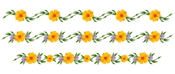 Set of bright floral garlands with yellow and lilac flowers, green leaves isolated on white background. Design elements for creating flower frames, borders, collages, cards, invitations.