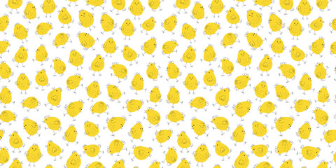 Pattern chickens, funny colorful repeating background. Easter design. Animals, birds, simple doodle drawings. Poultry.