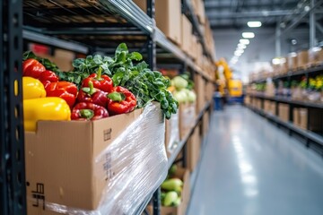 Vibrant vegetables in boxes on shelves inside a storage facility.