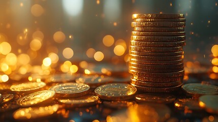 Stack of Golden Coins on Currency Background