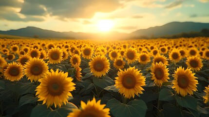 Obraz premium Vibrant sunset over a vast sunflower field, showcasing the beauty of nature and agriculture.