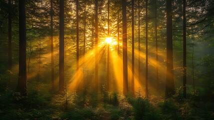 Obraz premium Sun rays through misty forest at sunrise.