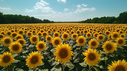 Obraz premium Vast sunflower field under a bright summer sky.