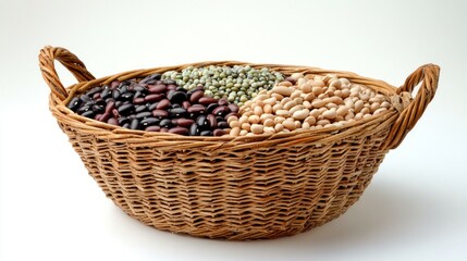Obraz premium A basket filled with various types of beans, including kidney, pinto, and black beans.