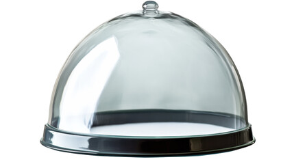 Empty glass dome cloche covering serving tray on transparent background