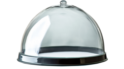 Empty glass dome cloche covering serving tray on transparent background