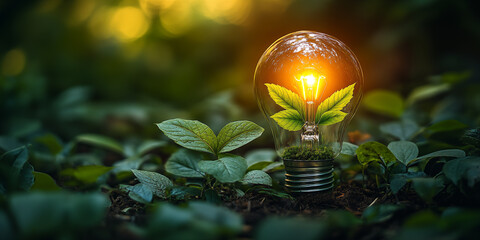 light bulb against nature on green leaf with eco energy sources green power solar panel nature light sustainable power solar future renewable green solution energy saving green electricity