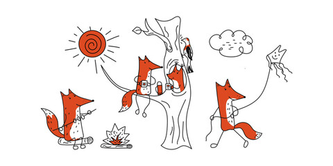 Set fox, squirrel, woodpecker. Rest in the forest, outdoors around the fire. Aetivist lifestyle, holidays outside the city. Drawing, doodle. Vector icons of cute animals.