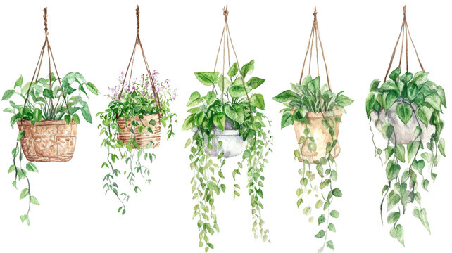 Delicate display of hanging plants in watercolor art with a transparent background