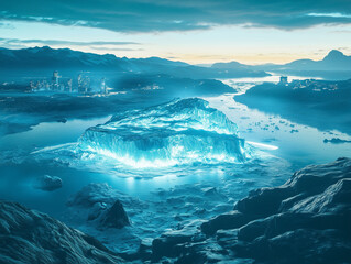 Fototapeta premium Futuristic Arctic Cityscape with Glowing Iceberg