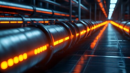 Futuristic Metallic Pipe System with Glowing LED Accents in High-Tech Industrial Environment
